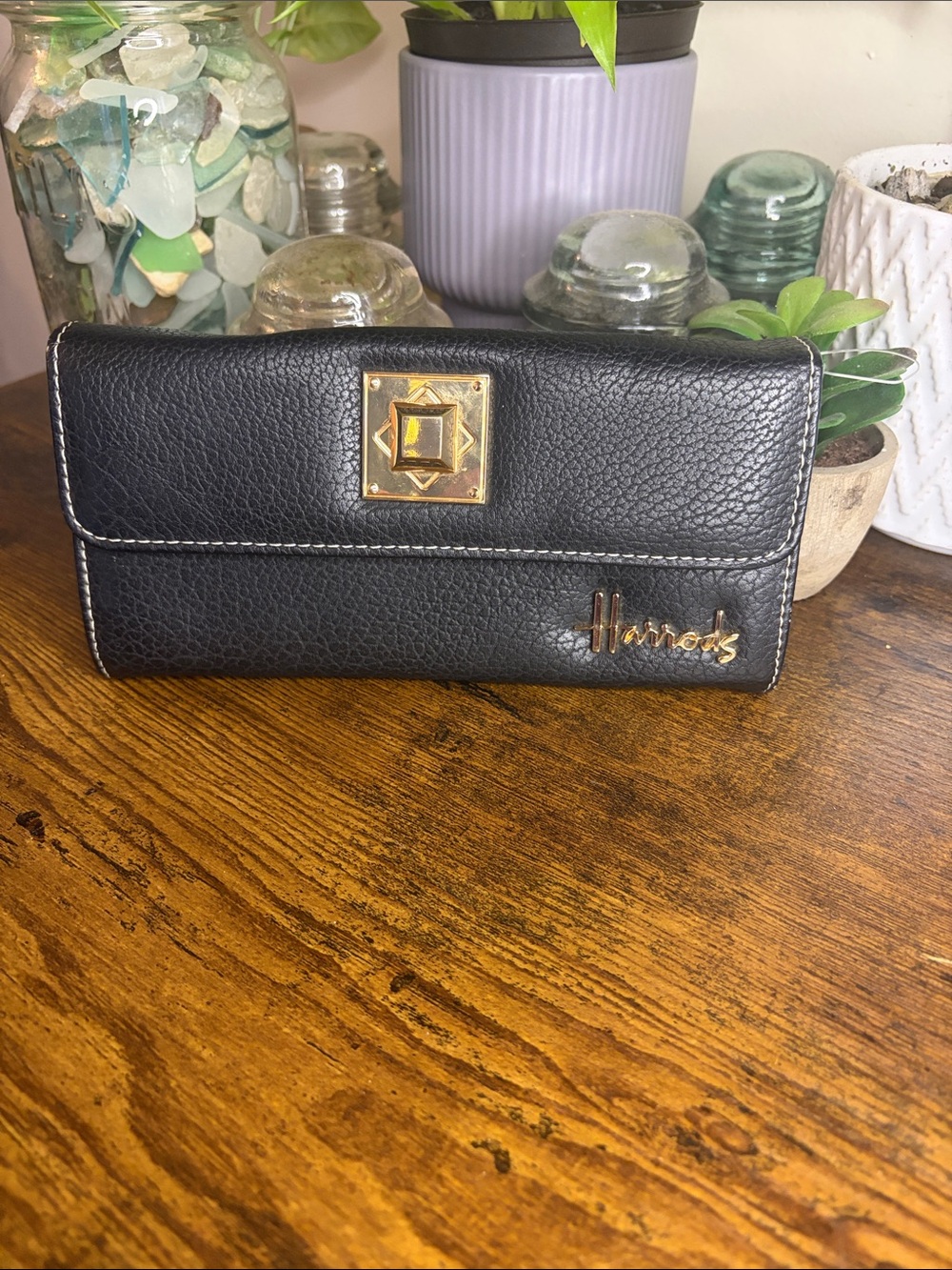 Harrods Black Leather Wallet with Gold Accent Emblem